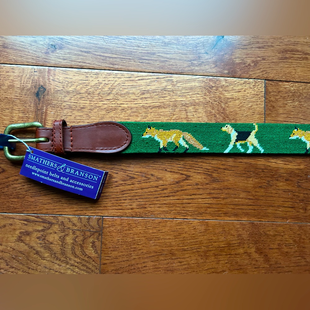 Fox & Hound Needlepoint & leather Belt - 30” (fits smaller waist)